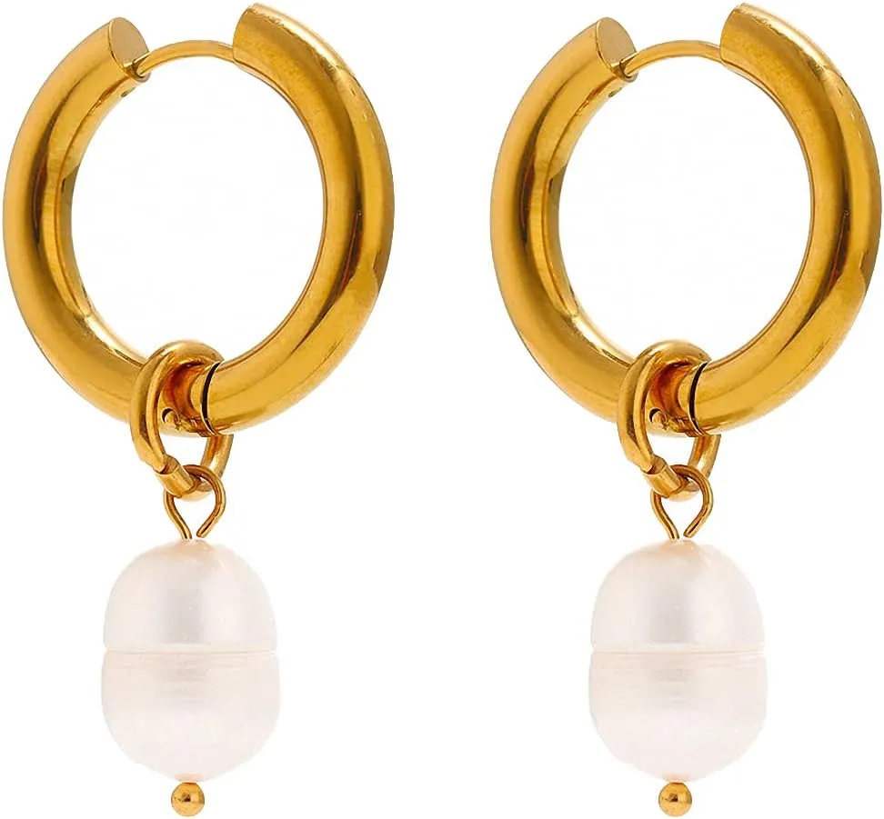 Stainless Steel Natural Pearl Hoop Earring Women Metal Geometric Hoop Earrings
