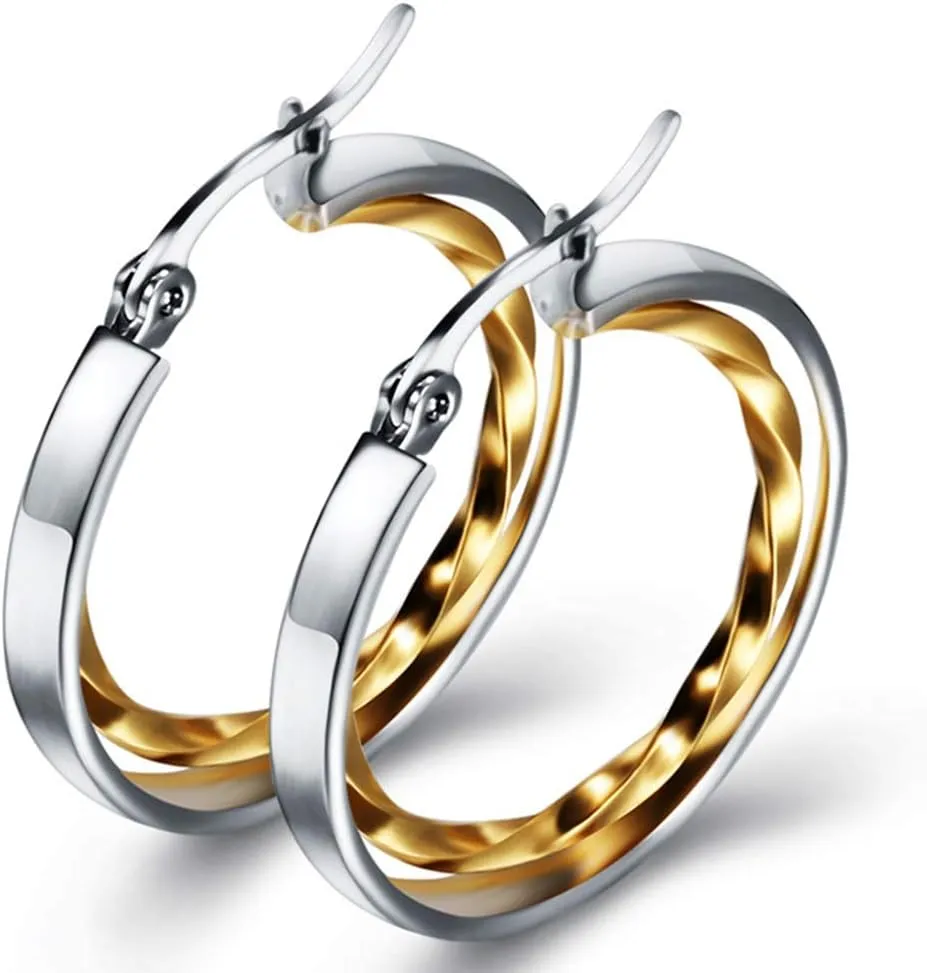 Stainless Steel Two-Tone Twisted Circle Hoop Earrings
