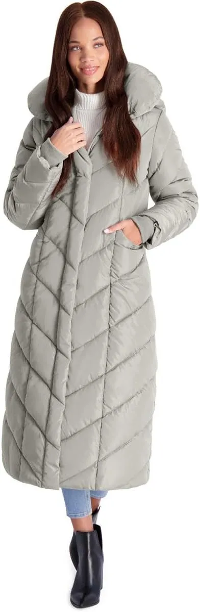 Steve Madden Women's Long Chevron Maxi Puffer Coat