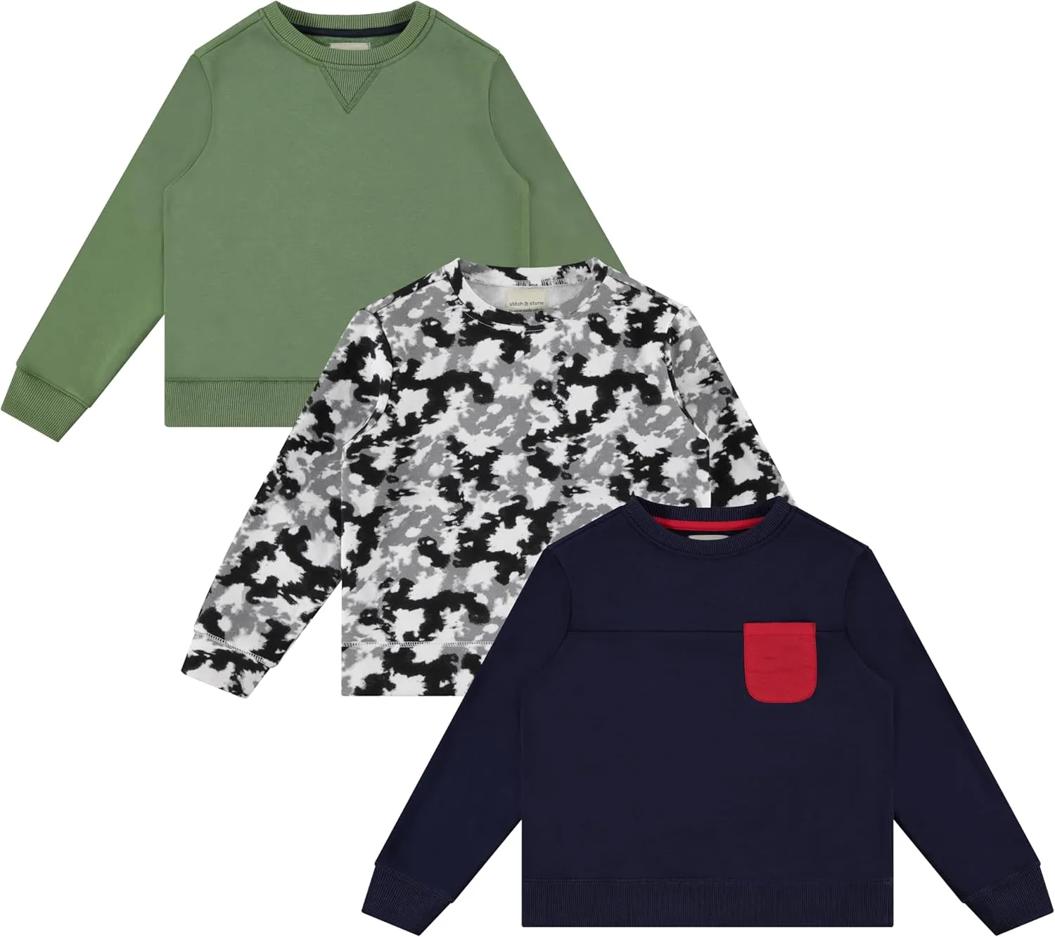 STITCH & STONE Boys 3PK Tops - Fun and Trendy Fleece Sweatshirts for Boys