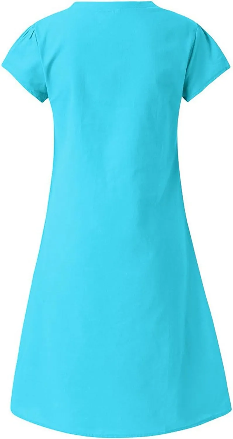 Summer Cotton Linen Dress for Women 2024 Casual Short Sleeve Knee Length Dresses Loose Vintage A Line Sundress
