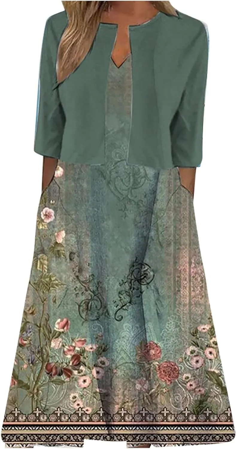 Summer Dress for Womens 2024 Floral Boho Two Piece Dresses with Cardigan Short Sleeve V Neck Flowy A-Line Maxi Dress