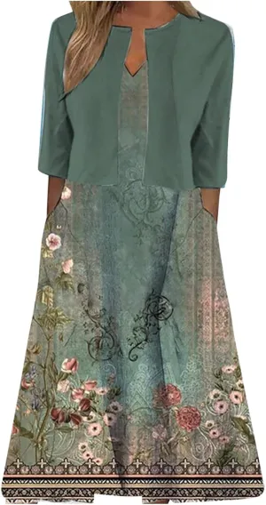 Summer Dress for Womens 2024 Floral Boho Two Piece Dresses with Cardigan Short Sleeve V Neck Flowy A-Line Maxi Dress