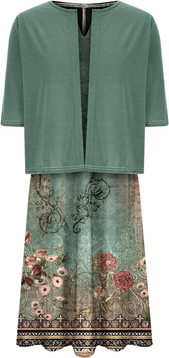 Summer Dress for Womens 2024 Floral Boho Two Piece Dresses with Cardigan Short Sleeve V Neck Flowy A-Line Maxi Dress