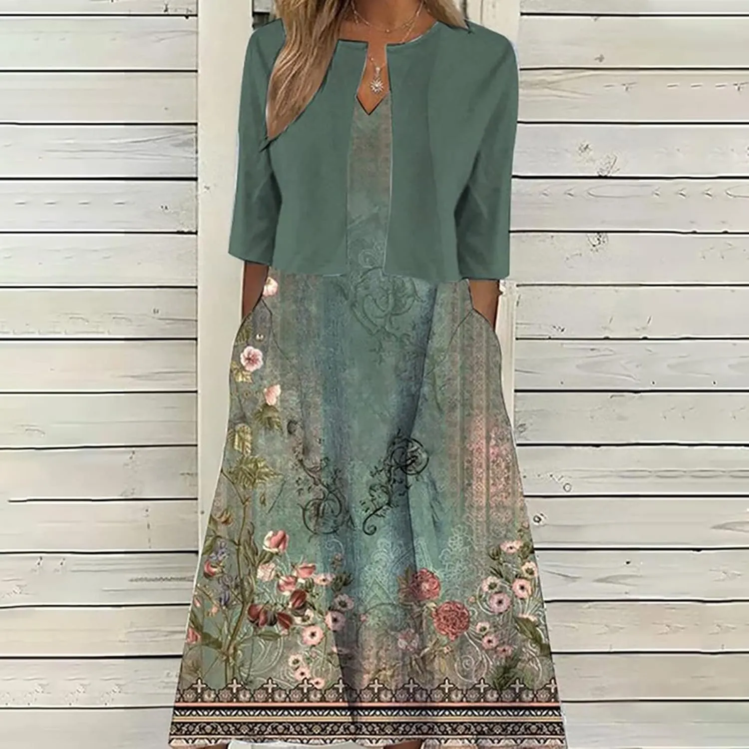 Summer Dress for Womens 2024 Floral Boho Two Piece Dresses with Cardigan Short Sleeve V Neck Flowy A-Line Maxi Dress