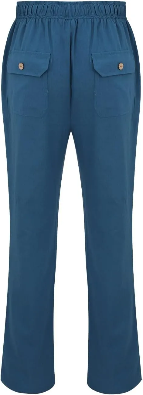 Summer Linen Dressy Pants for Mens Casual Solid Color Business Trousers Lightweight Wide Leg Cargo Sweatpants with Pockets