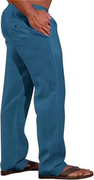 Summer Linen Dressy Pants for Mens Casual Solid Color Business Trousers Lightweight Wide Leg Cargo Sweatpants with Pockets