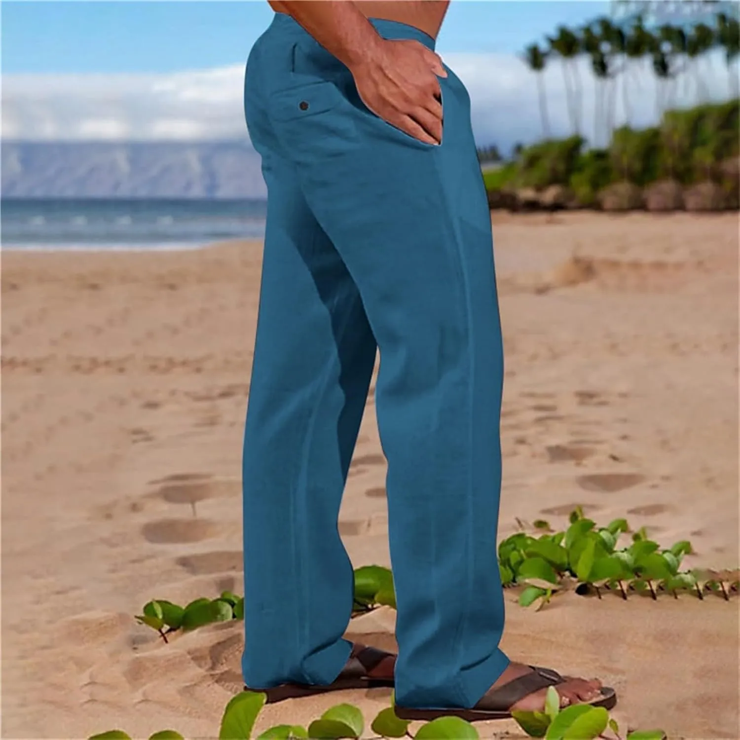 Summer Linen Dressy Pants for Mens Casual Solid Color Business Trousers Lightweight Wide Leg Cargo Sweatpants with Pockets