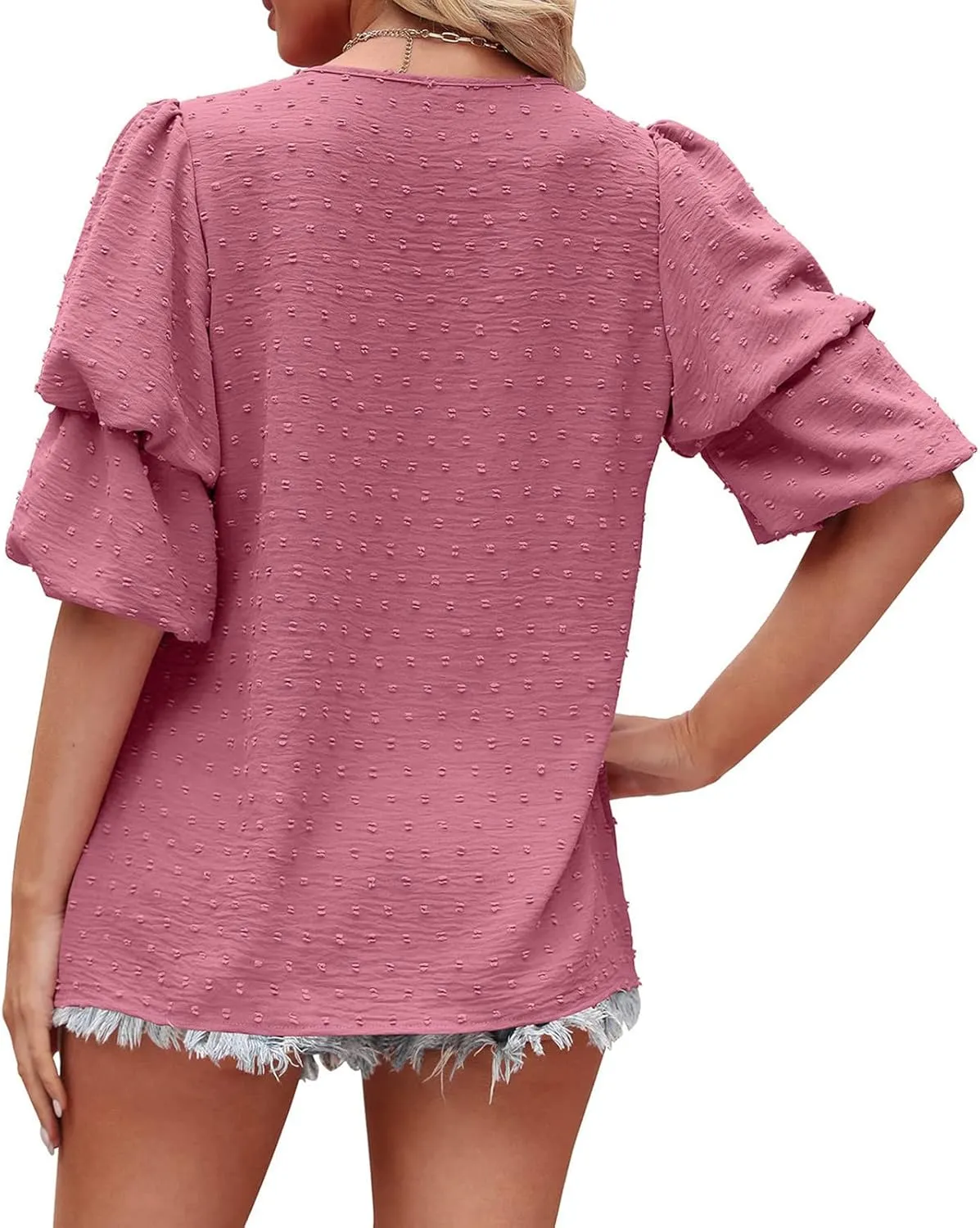 Summer Solid Color Tops Womens Chiffon Tunic V Neck Shirt Long Sleeve Tees Casual Polka Dot Blouse