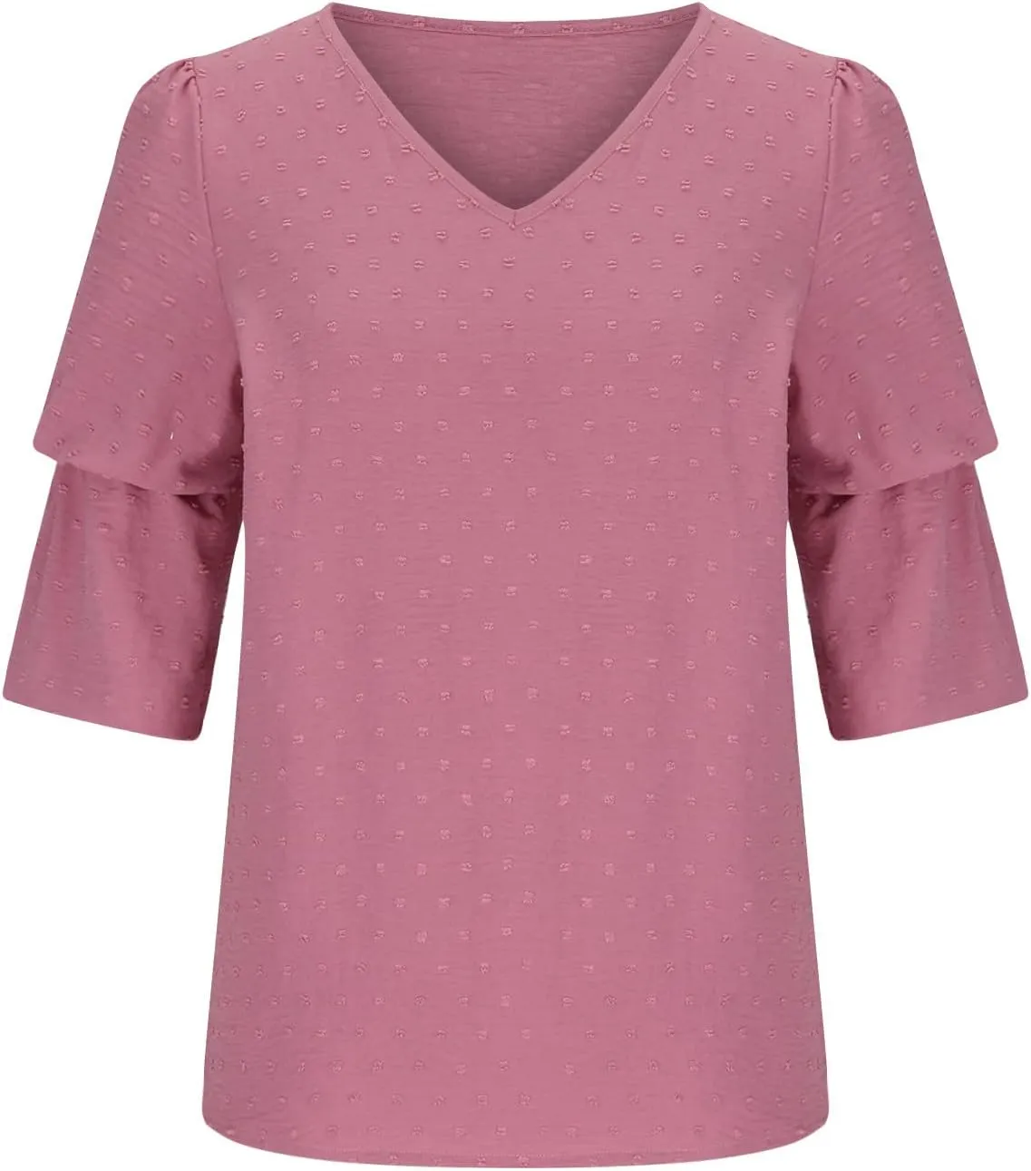 Summer Solid Color Tops Womens Chiffon Tunic V Neck Shirt Long Sleeve Tees Casual Polka Dot Blouse