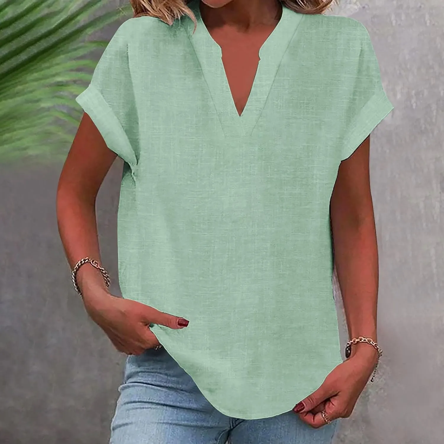 Summer Tops for Women 2025 Trendy Short Sleeve Cotton Linen Shirt Casua V Neck Tunic Blouses Outfits