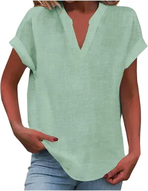 Summer Tops for Women 2025 Trendy Short Sleeve Cotton Linen Shirt Casua V Neck Tunic Blouses Outfits