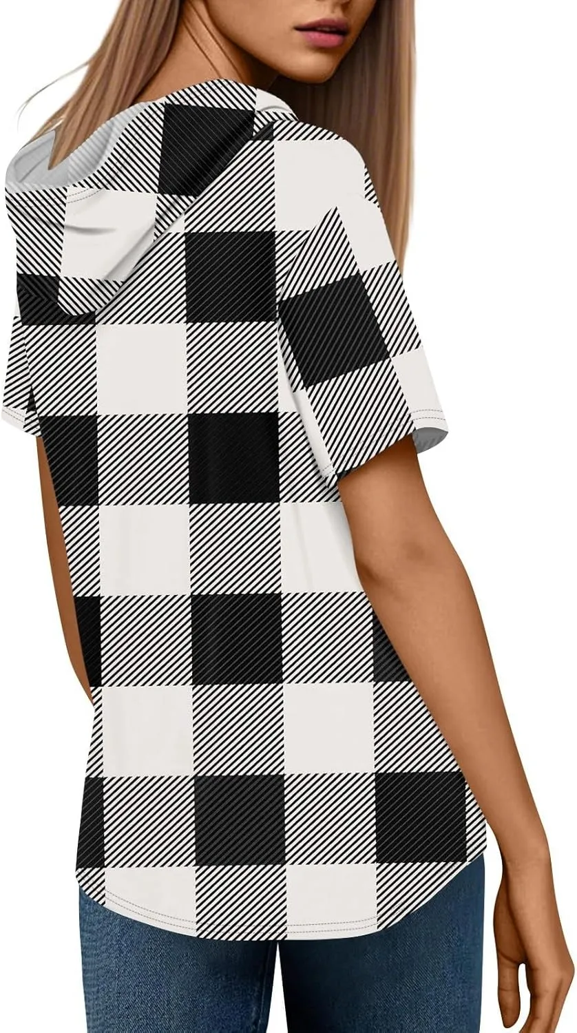 Summer Tops for Women 2025 Trendy V-Neck Tees Outfits Casual Puff Short Sleeve Blouses Hoodie Tunic Tops Printed Tshirts
