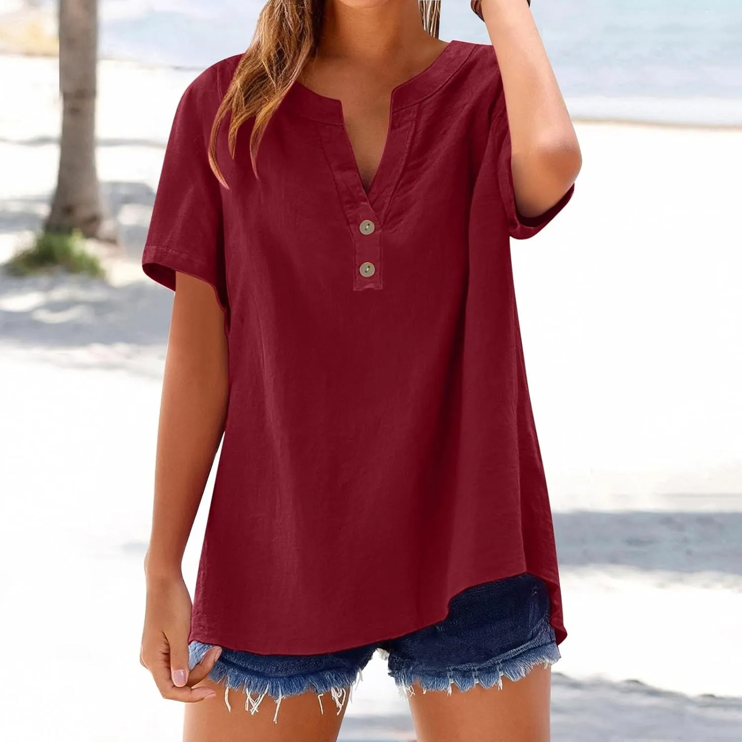 Summer Tops for Women,2025 Trendy Short Sleeve Cotton Linen Shirt Casual Button v Neck Tunic Blouses Outfits,