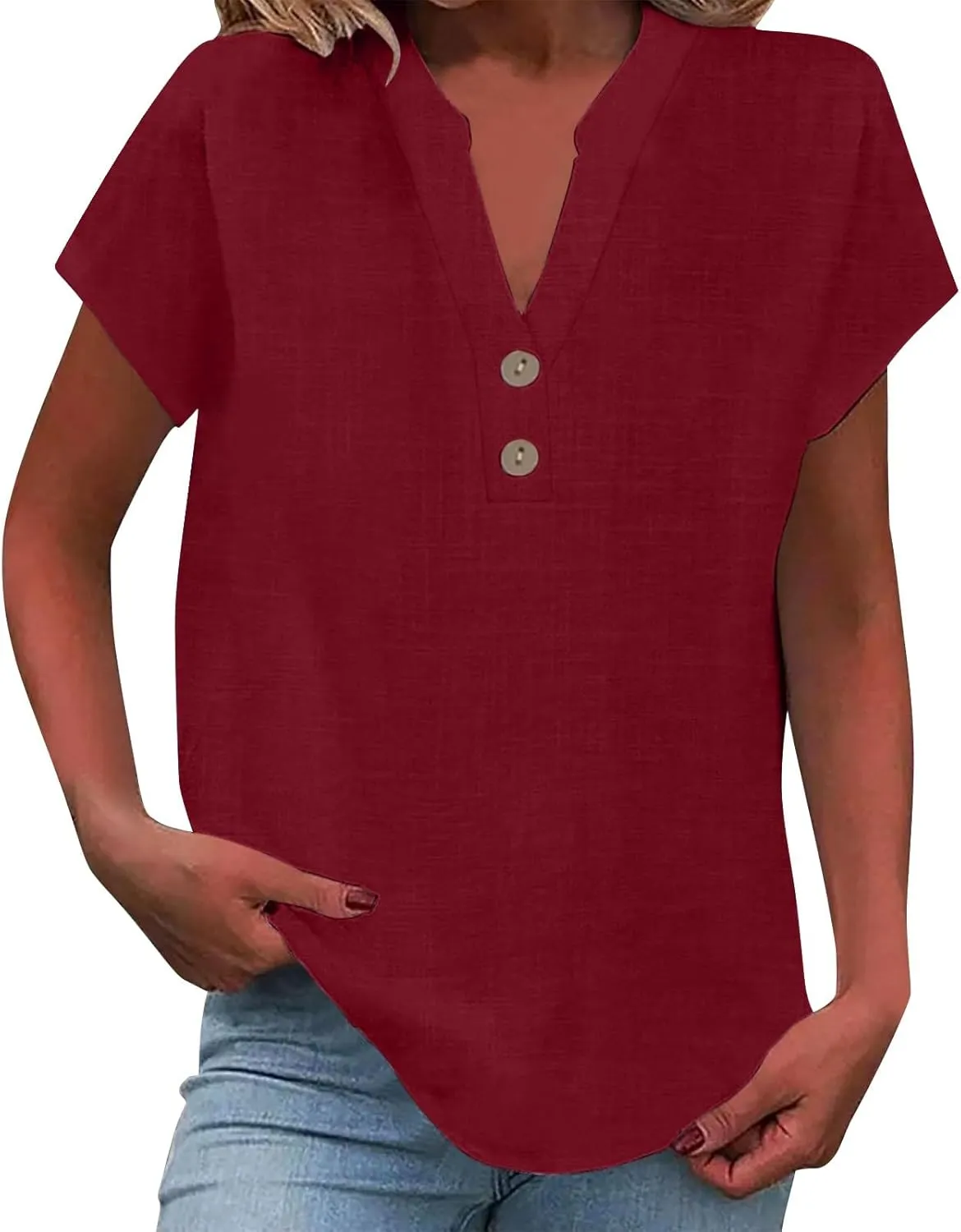 Summer Tops for Women,2025 Trendy Short Sleeve Cotton Linen Shirt Casual Button v Neck Tunic Blouses Outfits,