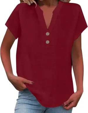 Summer Tops for Women,2025 Trendy Short Sleeve Cotton Linen Shirt Casual Button v Neck Tunic Blouses Outfits,