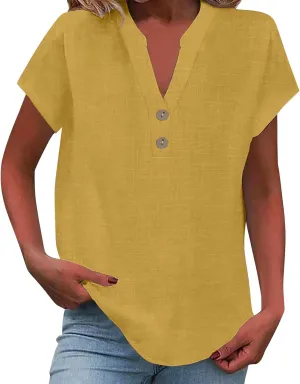 Summer Tops for Women,2025 Trendy Short Sleeve Cotton Linen Shirt Casual Button v Neck Tunic Blouses Outfits,