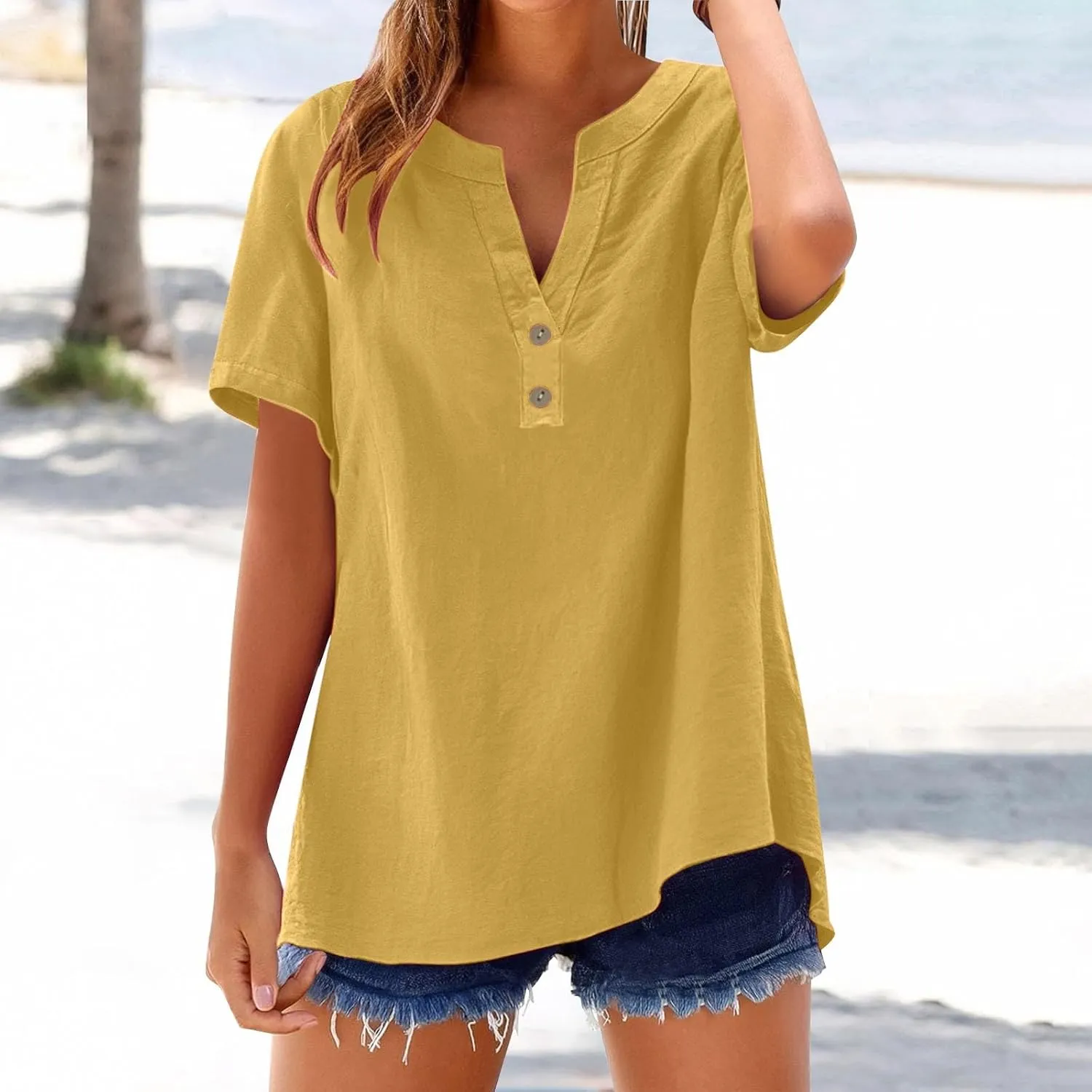 Summer Tops for Women,2025 Trendy Short Sleeve Cotton Linen Shirt Casual Button v Neck Tunic Blouses Outfits,