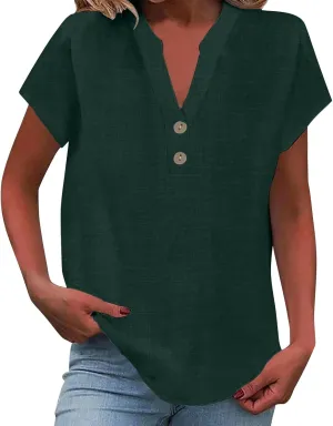 Summer Tops for Women,2025 Trendy Short Sleeve Cotton Linen Shirt Casual Button v Neck Tunic Blouses Outfits,