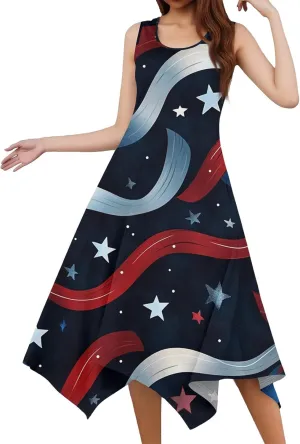Sun Dresses for Women 2025 Vacation Summer Midi Sleeveless Irregular Hem Dress U-Neck Dresses A Line with Pockets