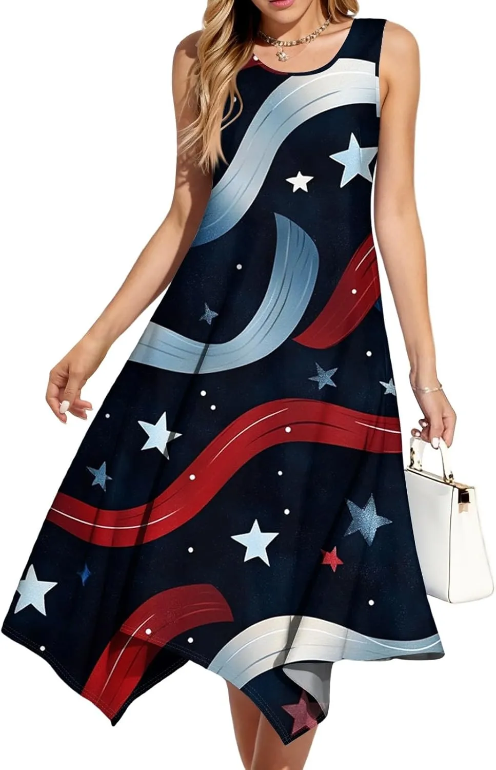 Sun Dresses for Women 2025 Vacation Summer Midi Sleeveless Irregular Hem Dress U-Neck Dresses A Line with Pockets