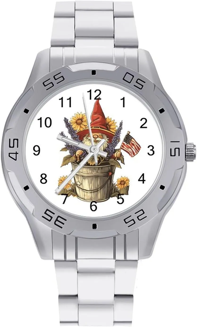 Sunflower Gnome U.S. Flag Men's Business Watch Fashion Stainless Steel Wristwatches Custom Easy Read Watches for Women