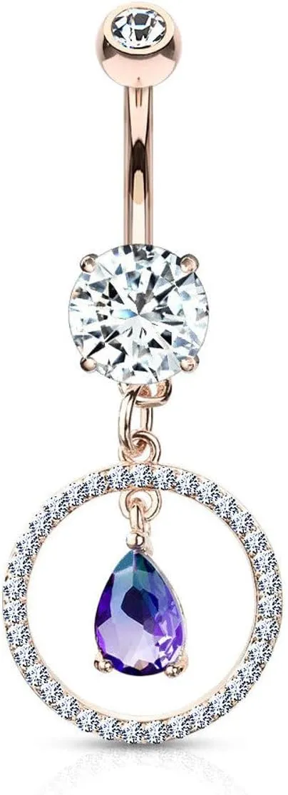 Surgical Steel Belly Button Ring 14 Gauge & Two Tone Gem Circle Dangle