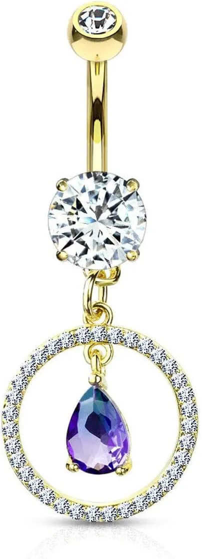 Surgical Steel Belly Button Ring 14 Gauge & Two Tone Gem Circle Dangle
