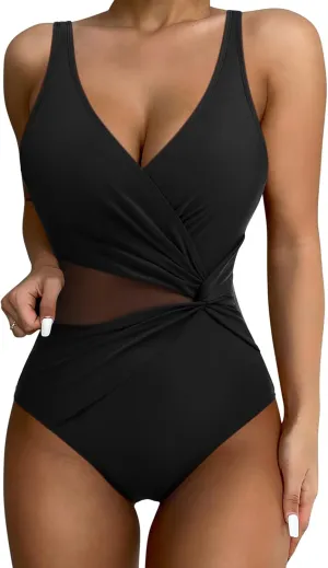SUUKSESS Women Sexy Mesh Tummy Control One Piece Swimsuit Push Up Bathing Suit