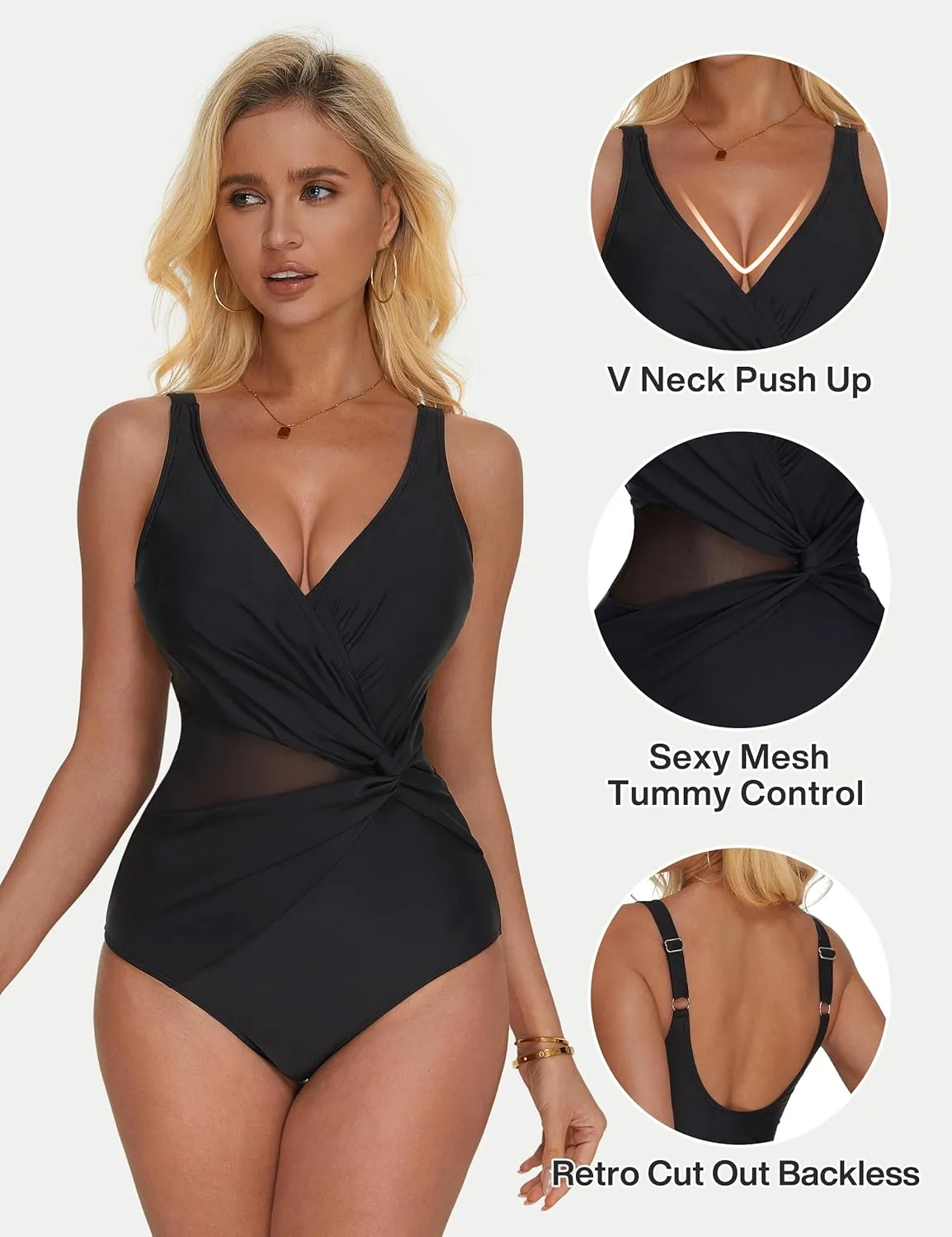 SUUKSESS Women Sexy Mesh Tummy Control One Piece Swimsuit Push Up Bathing Suit