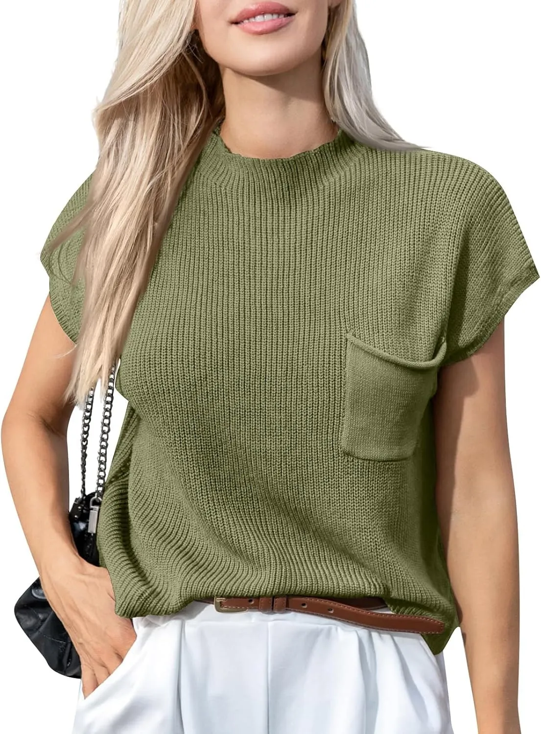 Sweaters for Women Knit Cap Sleeve Sweater Vest Casual Crewneck Short Sleeve Tops Lightweight Pullovers with Pocket