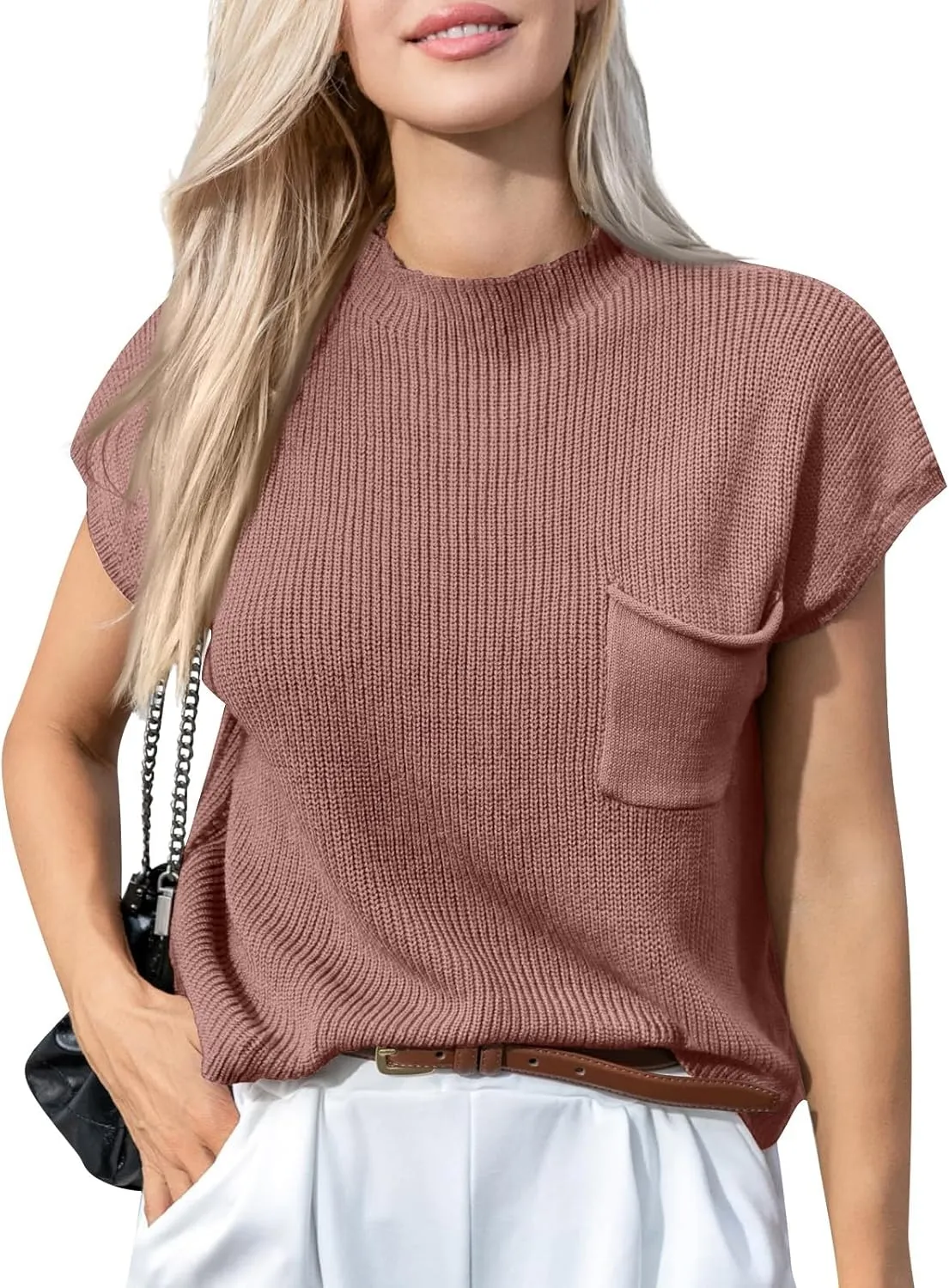 Sweaters for Women Knit Cap Sleeve Sweater Vest Casual Crewneck Short Sleeve Tops Lightweight Pullovers with Pocket