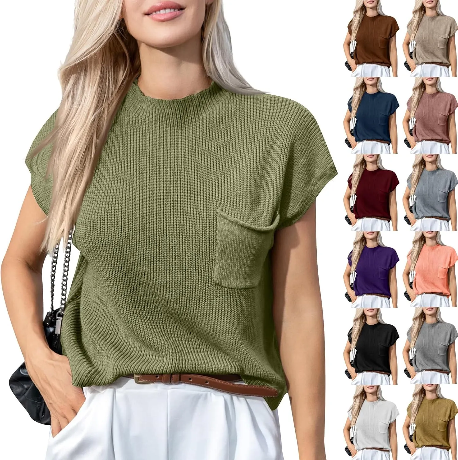 Sweaters for Women Knit Cap Sleeve Sweater Vest Casual Crewneck Short Sleeve Tops Lightweight Pullovers with Pocket