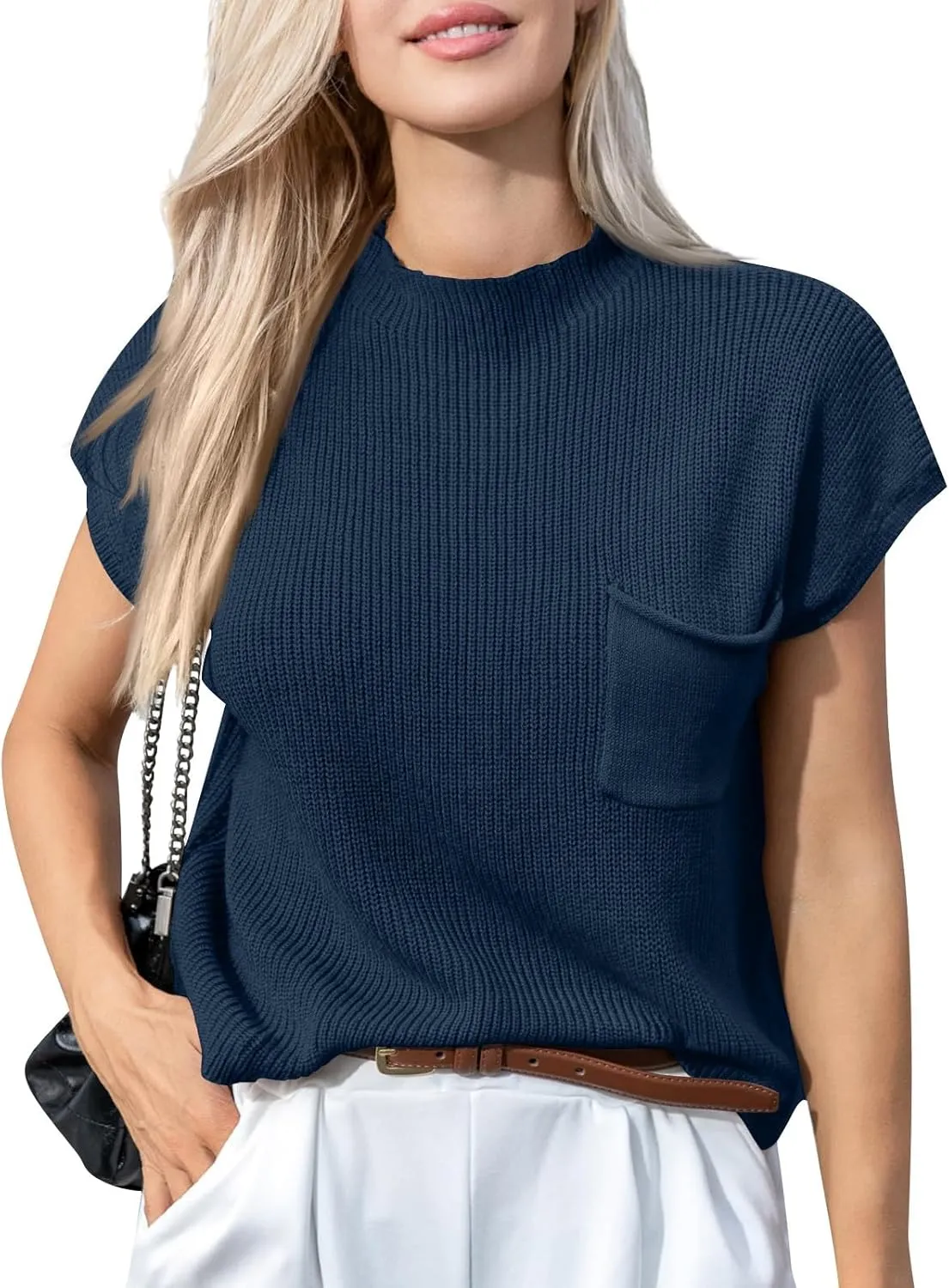 Sweaters for Women Knit Cap Sleeve Sweater Vest Casual Crewneck Short Sleeve Tops Lightweight Pullovers with Pocket