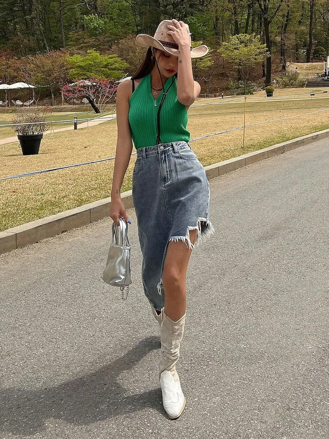 SweatyRocks Women's Casual High Waist Denim Skirt Asymmetrical Raw Hem Denim Midi Jean Skirts