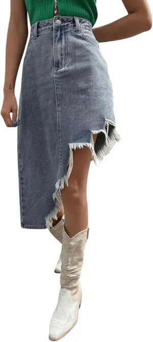 SweatyRocks Women's Casual High Waist Denim Skirt Asymmetrical Raw Hem Denim Midi Jean Skirts