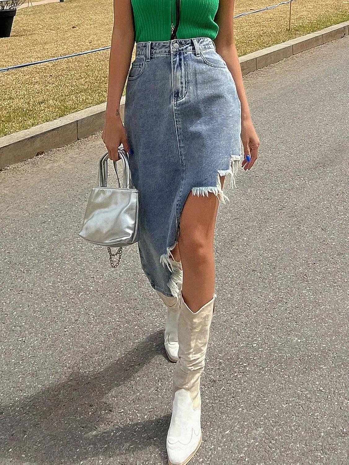 SweatyRocks Women's Casual High Waist Denim Skirt Asymmetrical Raw Hem Denim Midi Jean Skirts