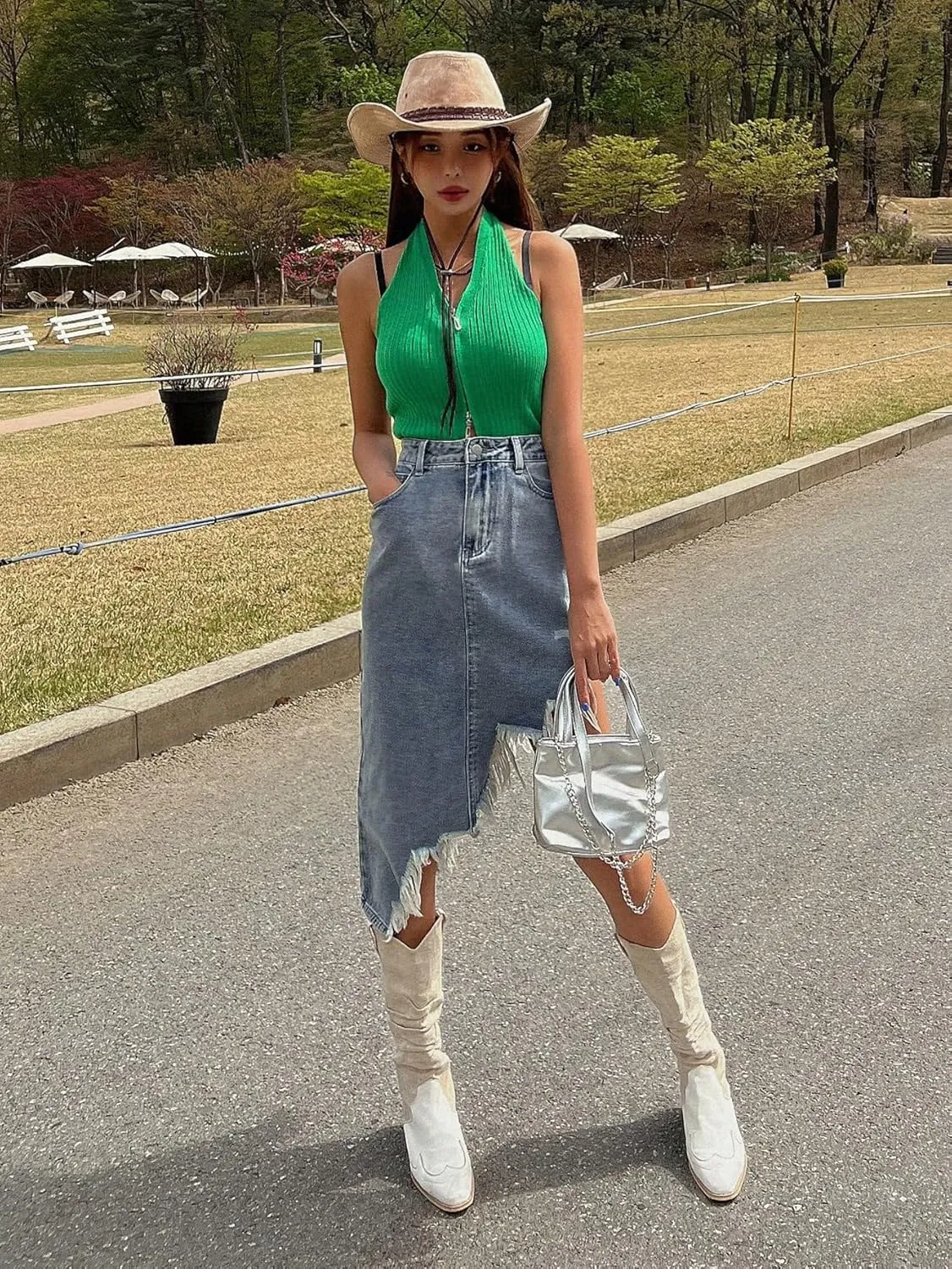 SweatyRocks Women's Casual High Waist Denim Skirt Asymmetrical Raw Hem Denim Midi Jean Skirts