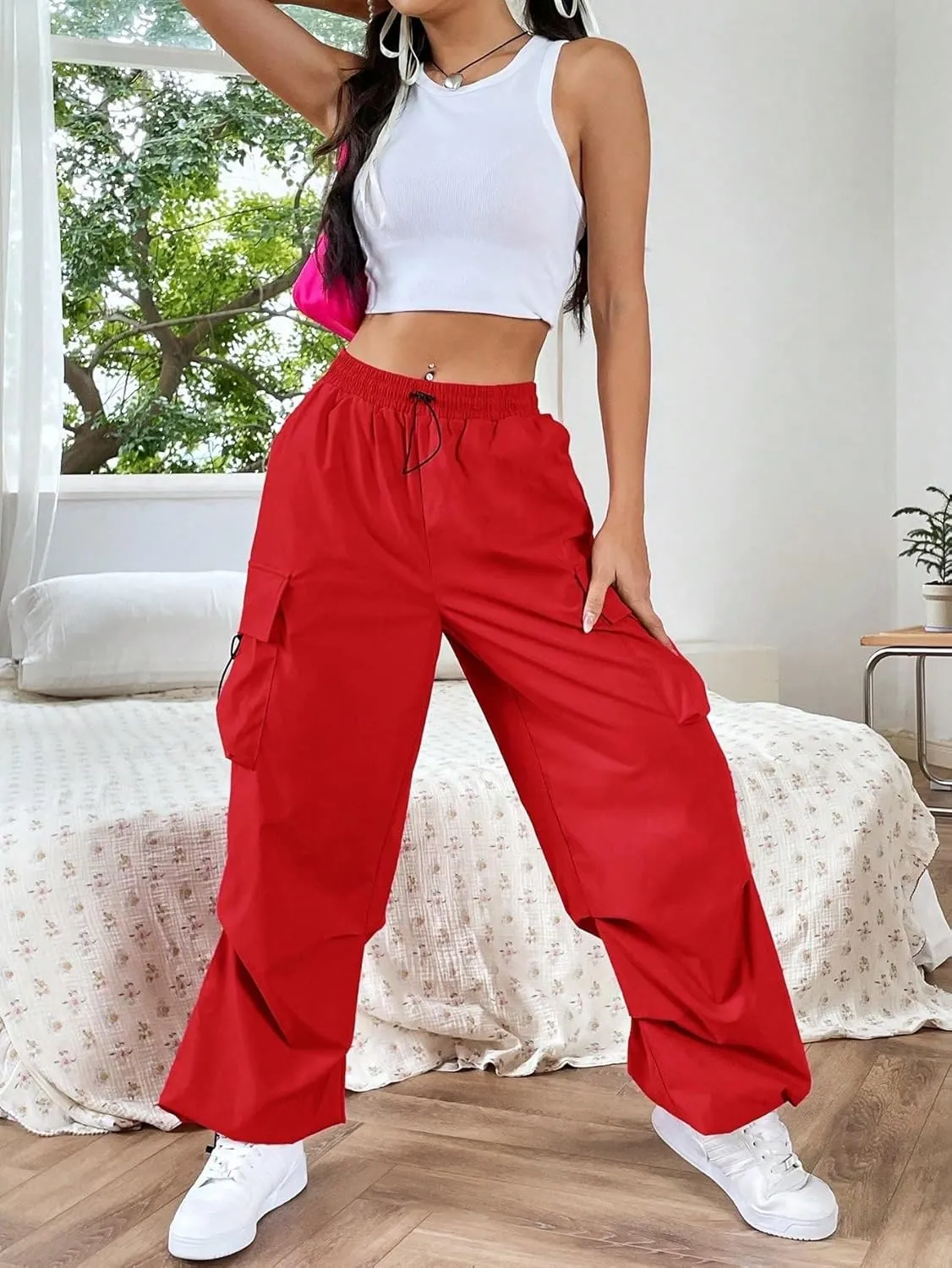 SweatyRocks Women's Drawstring Elastic Waist Loose Pants Casual Flap Pocket Cargo Pants Trousers