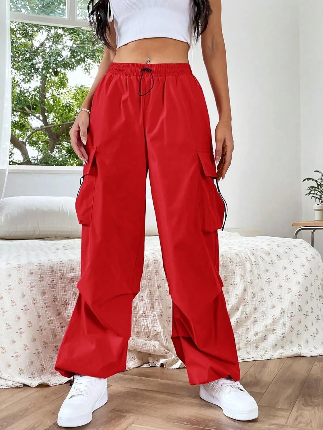 SweatyRocks Women's Drawstring Elastic Waist Loose Pants Casual Flap Pocket Cargo Pants Trousers