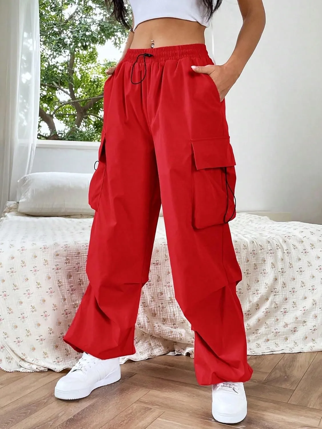SweatyRocks Women's Drawstring Elastic Waist Loose Pants Casual Flap Pocket Cargo Pants Trousers