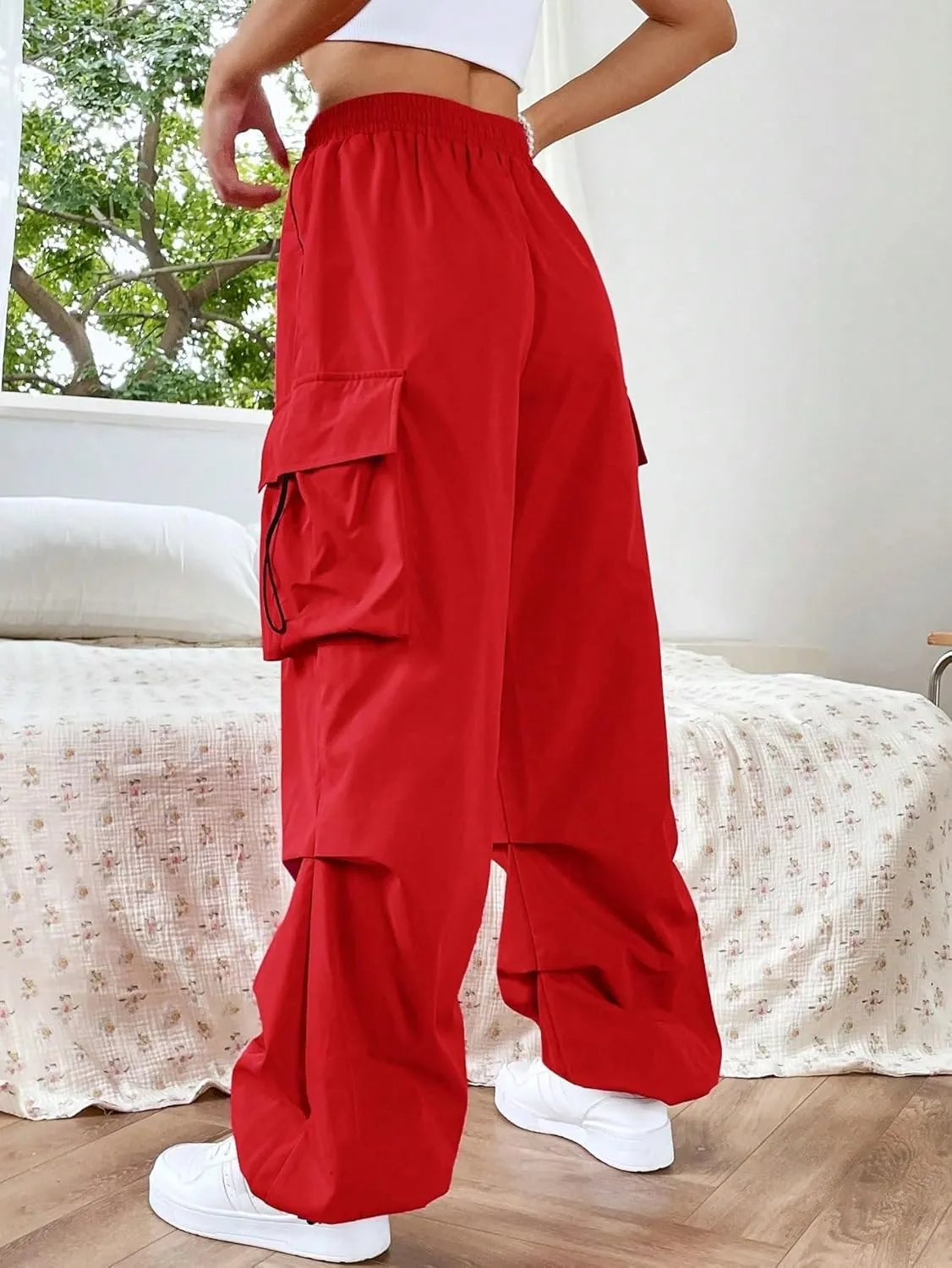 SweatyRocks Women's Drawstring Elastic Waist Loose Pants Casual Flap Pocket Cargo Pants Trousers