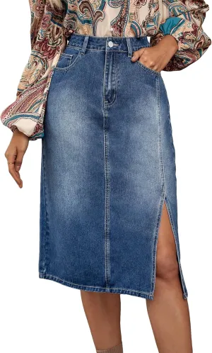 SweatyRocks Women's High Waist Zip Up Denim Skirt Solid Split Thigh Midi Jean Skirts with Pocket