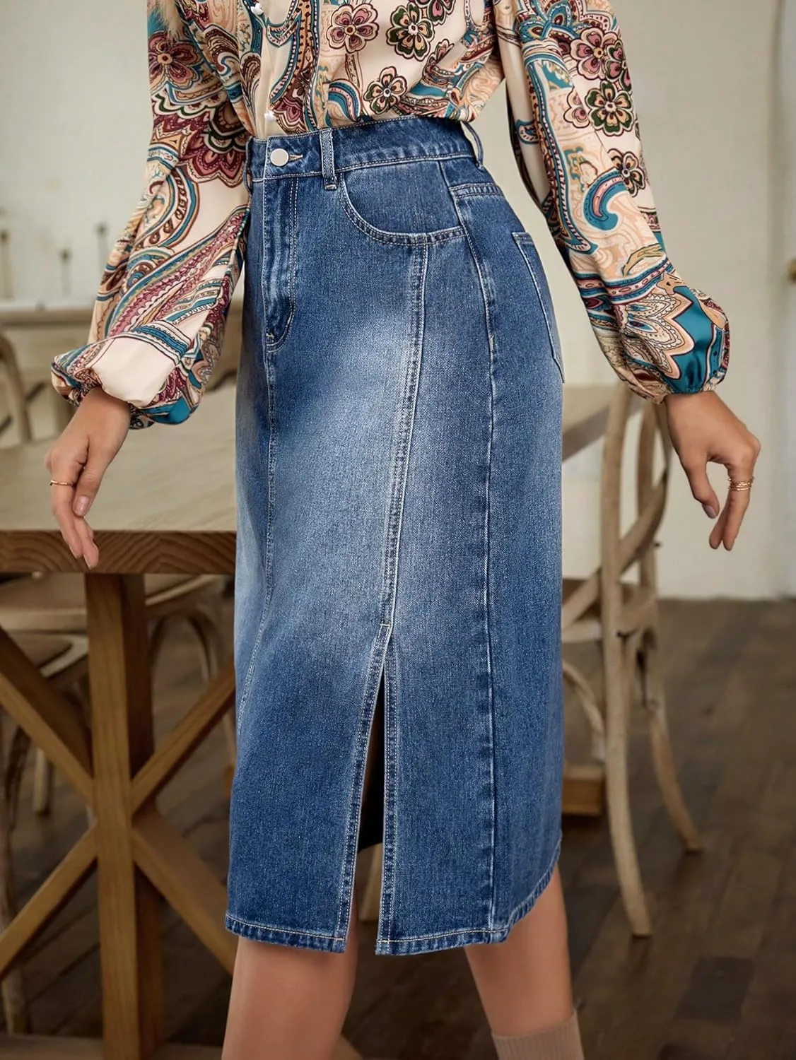 SweatyRocks Women's High Waist Zip Up Denim Skirt Solid Split Thigh Midi Jean Skirts with Pocket