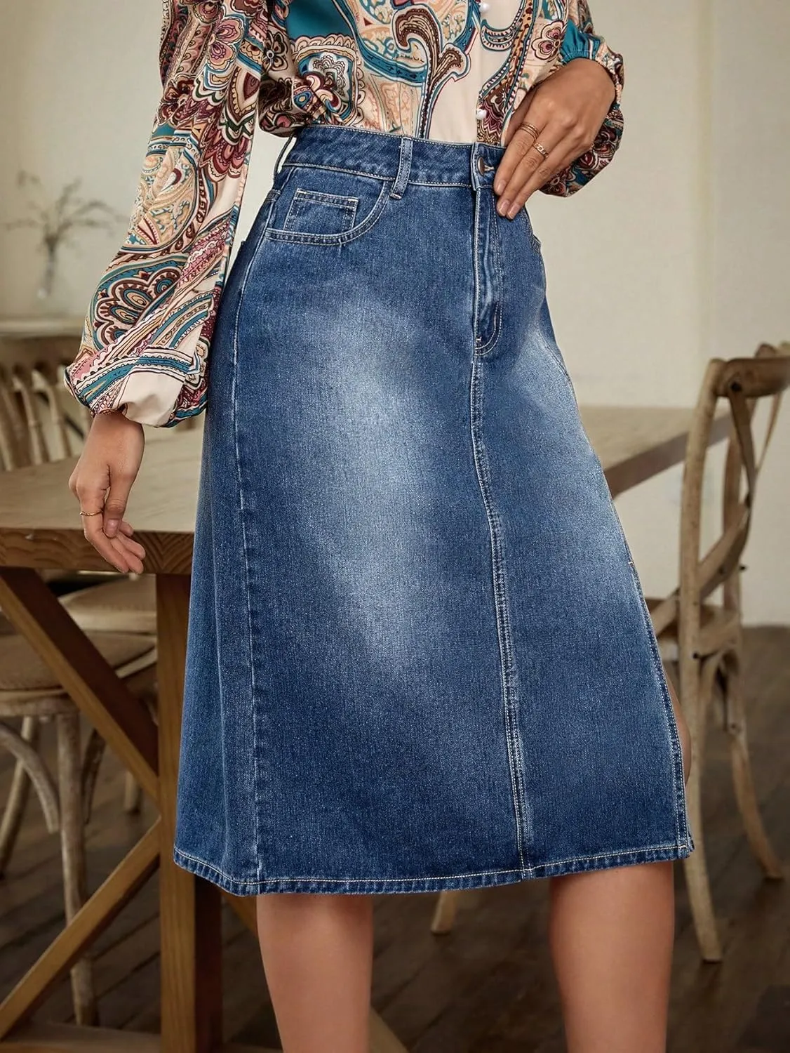 SweatyRocks Women's High Waist Zip Up Denim Skirt Solid Split Thigh Midi Jean Skirts with Pocket