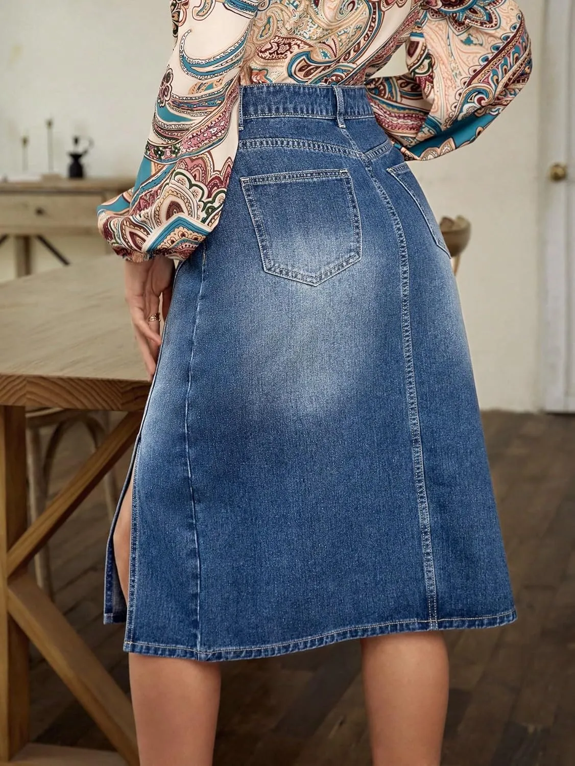 SweatyRocks Women's High Waist Zip Up Denim Skirt Solid Split Thigh Midi Jean Skirts with Pocket