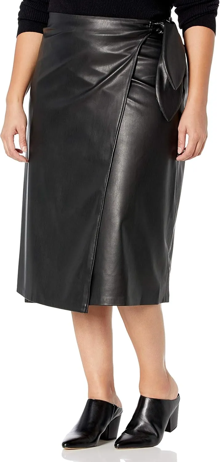 The Drop Women's Manon Vegan Leather Wrap-Front Midi Skirt
