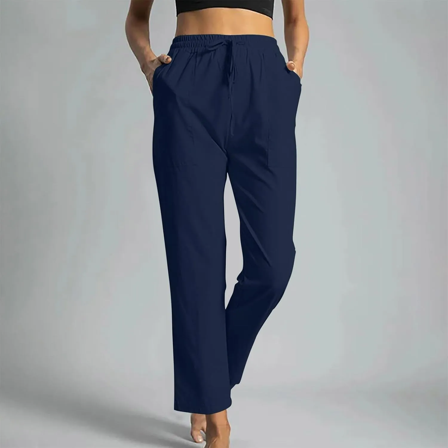 Trendy Pants for Women,Wwomens Casual Summer 2025 Drawstring Elastic High Waist Pant Comfy Solid Wide Leg Trouser