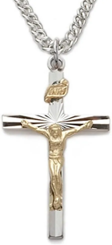 True Faith Jewelry Two-Tone Sterling Silver Jesus Crucifix Cross Pendant Gold Plated with Starburst Design Necklace Religious Jewelry, 1 Inch