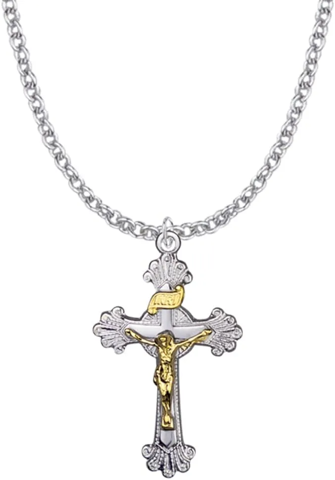 True Faith Jewelry Two-Tone Sterling Silver Jesus Crucifix Cross Pendant Necklace Gold Plated Religious Jewelry, 1 1/8 Inch